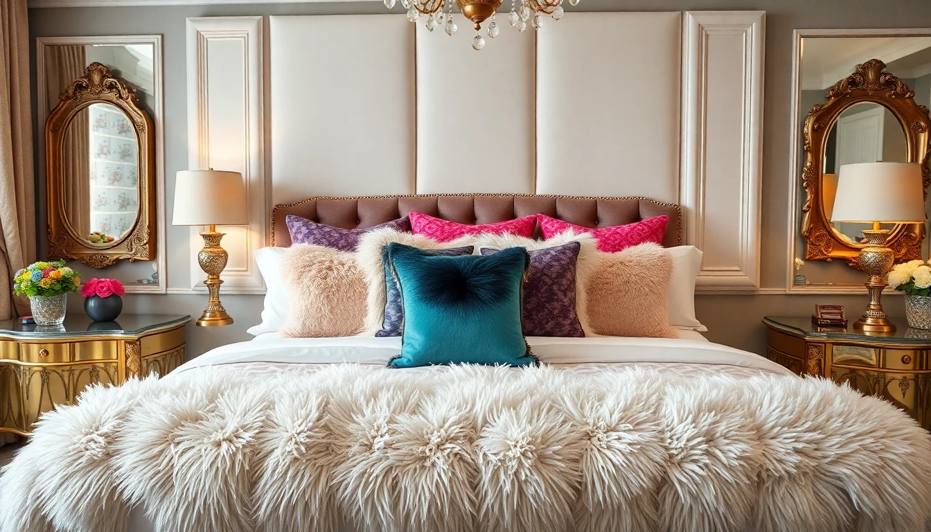 Glamorous bedroom with colourful accessories
