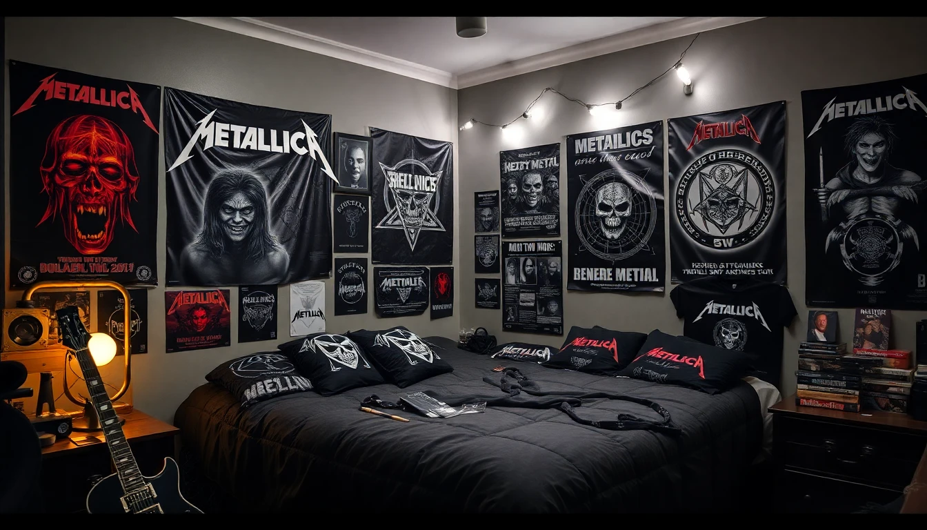Hard rock music lover's bedroom with Metallica details